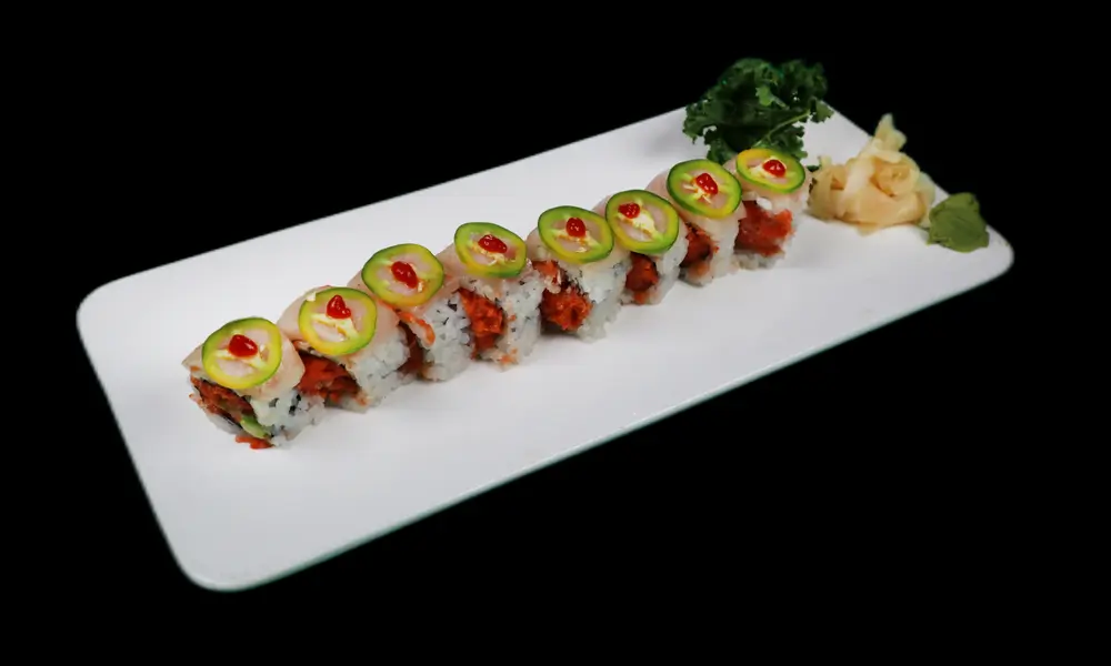 Sushi-Lee-Japanese-restaurant-1546-Roll-Brooklyn Special long - plate sushi roll, ingredients neatly arranged at Sushi Lee, a Japanese restaurant in Brooklyn