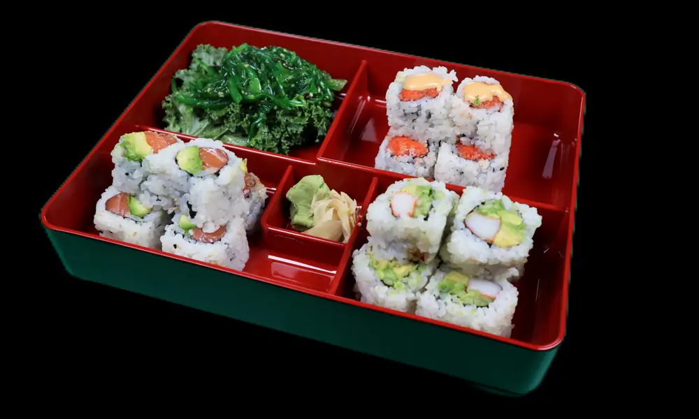 Sushi-Lee-Japanese-restaurant-3Rolls-Bento-Box-Brooklyn Red - boxed sushi bento with various sushi at Sushi Lee, a Japanese restaurant in Brooklyn